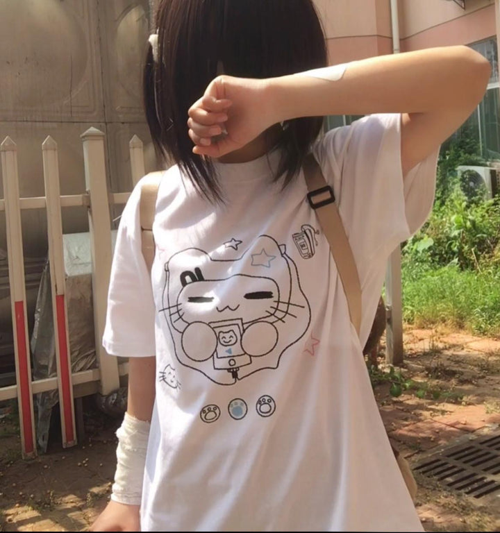 Kawaii T-shirt Cat Printed Cotton Top Versatile T-shirt 38102:579188