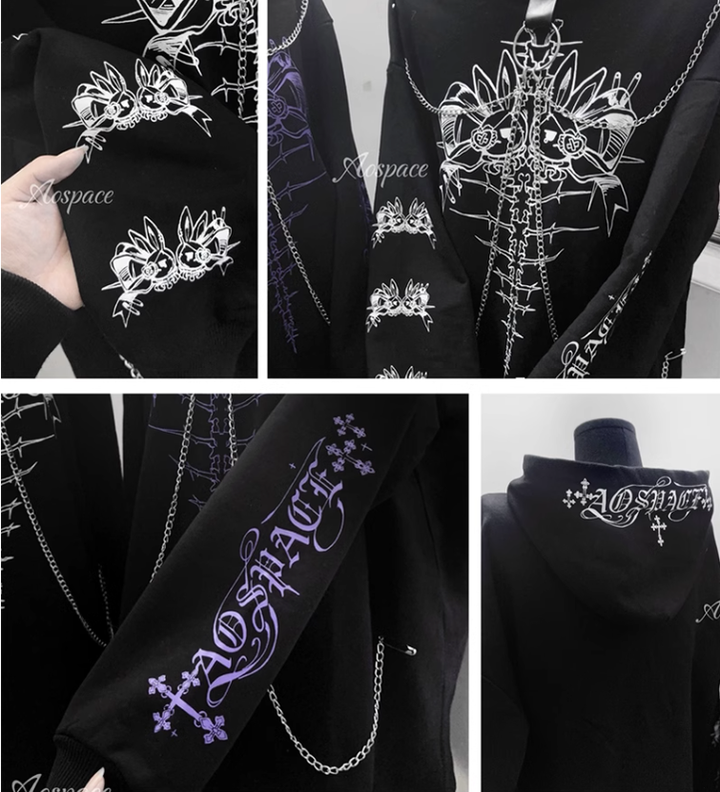 Jirai Kei Hoodie Gothic Sweatshirt Soul-Devouring Rabbit Bone Printed 42150:731200