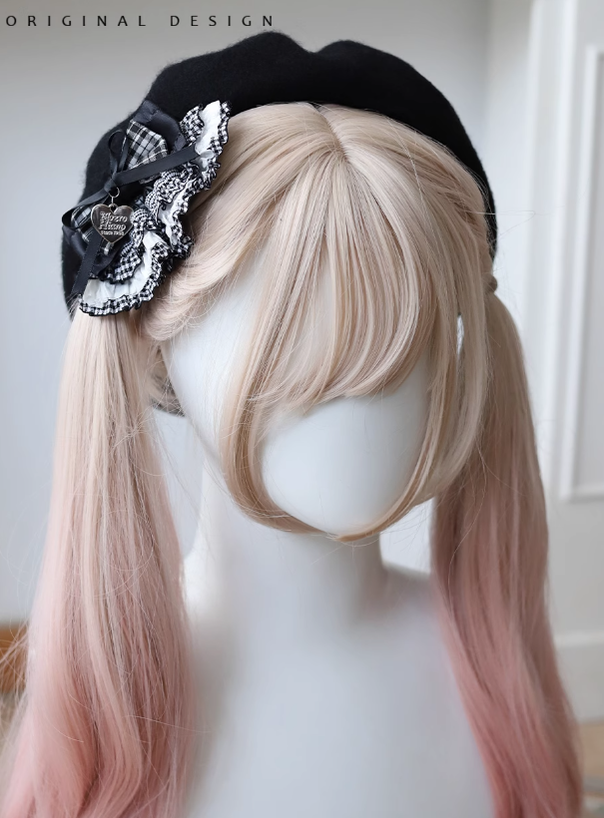 Lolita Beret Retro Bow Hat Black And White Plaid Hat 39650:635564