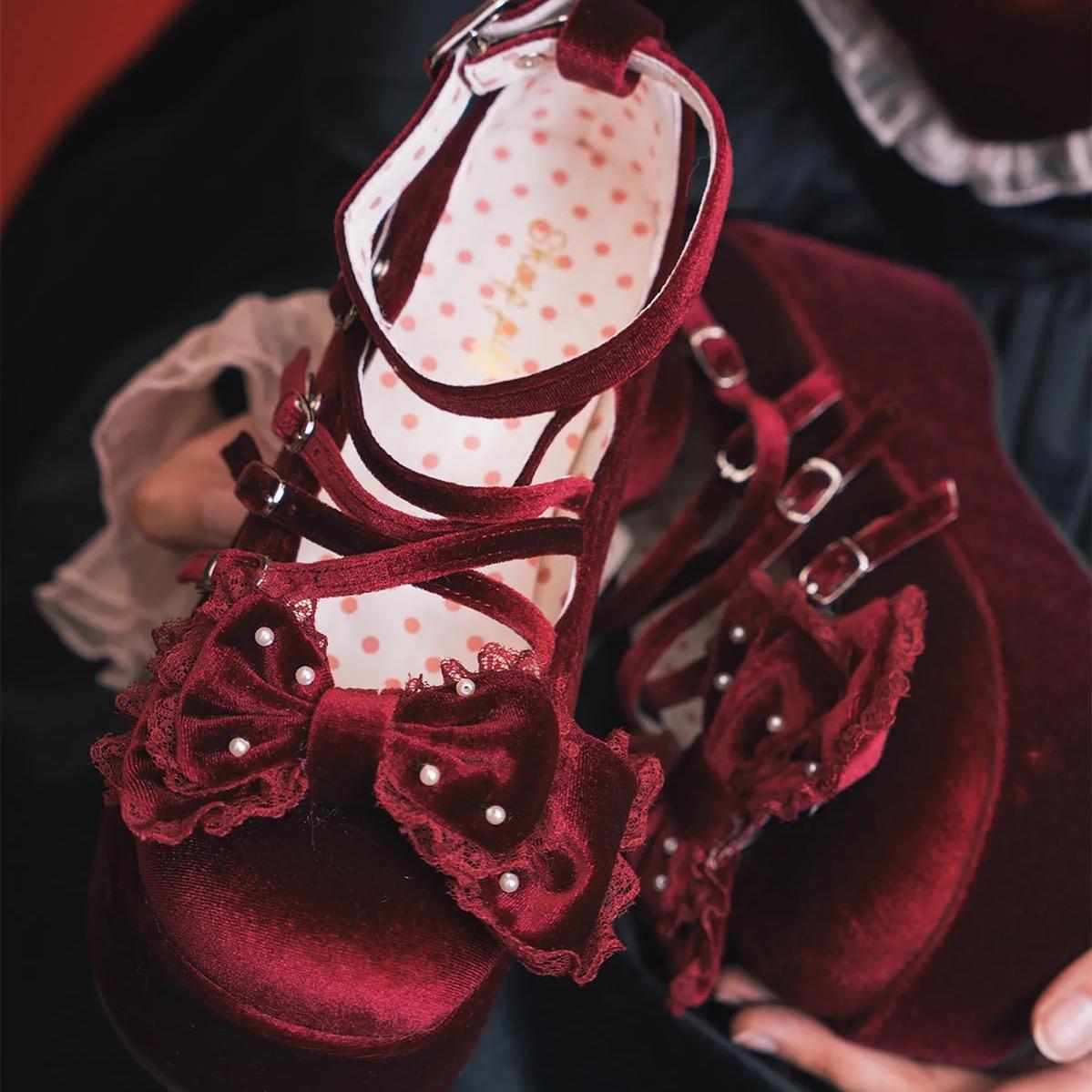Lolita Shoes Velvet Platform Shoes Lace-up Mary Jane Shoes 37022:547546