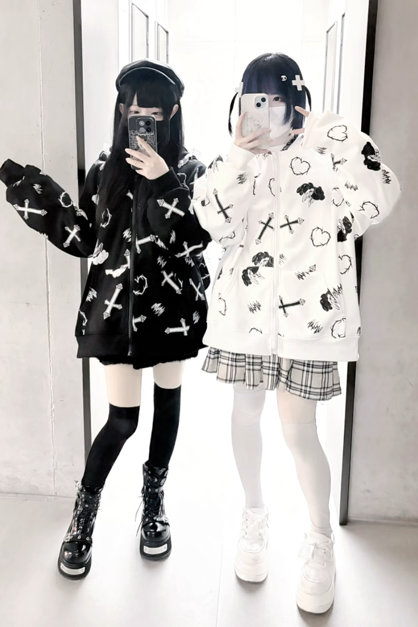 Plus Size Jirai Kei Coat Bunny Ear Hoodie Jacket With Lace 42165:731436