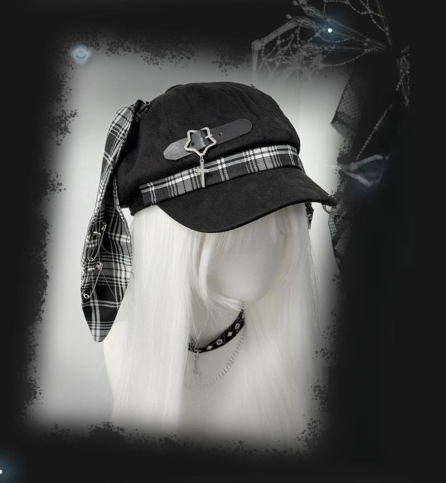 Plaid Punk Beret Hat, Bunny Ears, Safety Pins 43833:786499