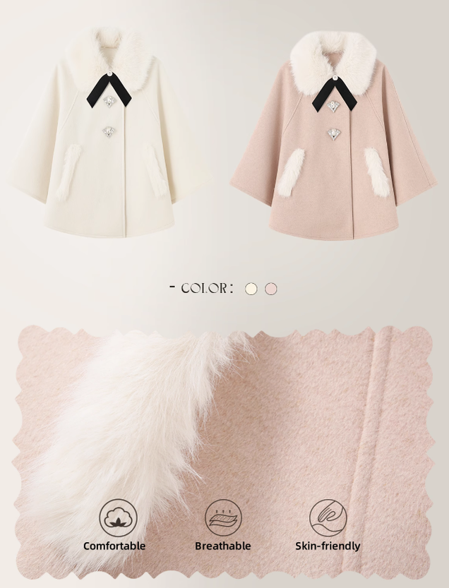 Jirai Kei Cape Woolen Coat Winter Fur Collar Coat 41062:685648