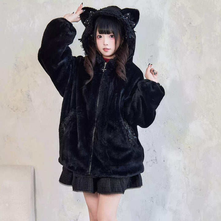 Jirai Kei Winter Coat Fleece Cat Ear Hooded Lace Bows Coat 41408:698072