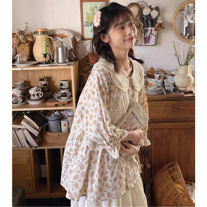 Mori Kei Blouse Floral Cotton Linen Shirt With Lace 36222:524860