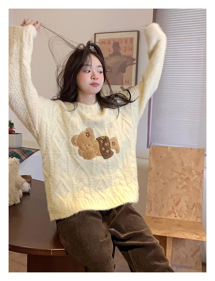 Kawaii Sweater Beige Little Bear Round Neck Sweater Winter 39798:646366