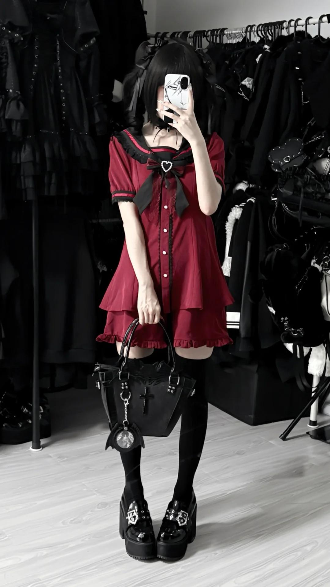 Black Red Jirai Kei Dress Set With Sailor Collar and Bunny Ears 42285:793285