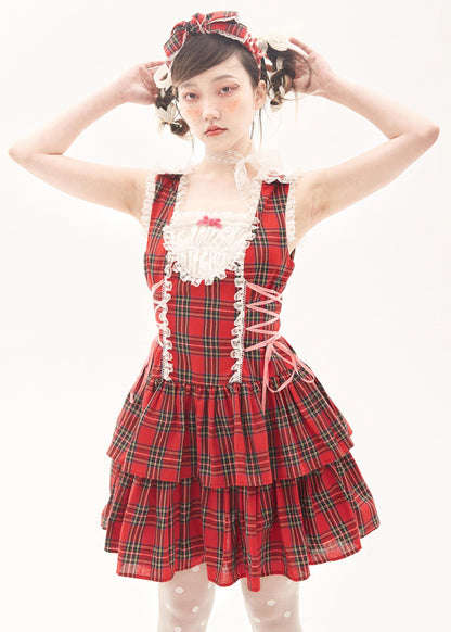 Lolita Dress Retro Red Plaid Dress Cool Girl Dress 36162:543472