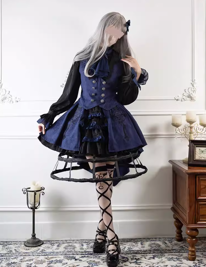 Ouji Lolita Prince Outfit Navy Blue Lolita Blouse Skirt Set 39360:633290