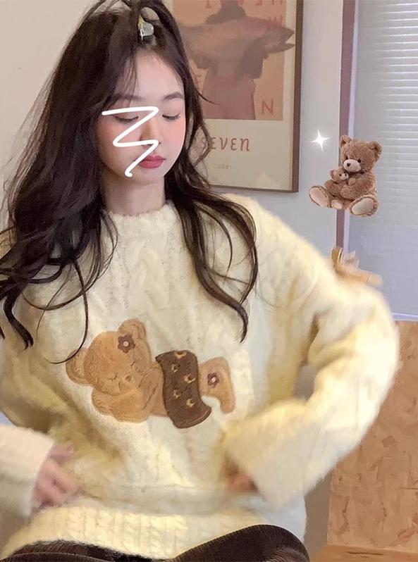 Kawaii Sweater Beige Little Bear Round Neck Sweater Winter 39798:646396