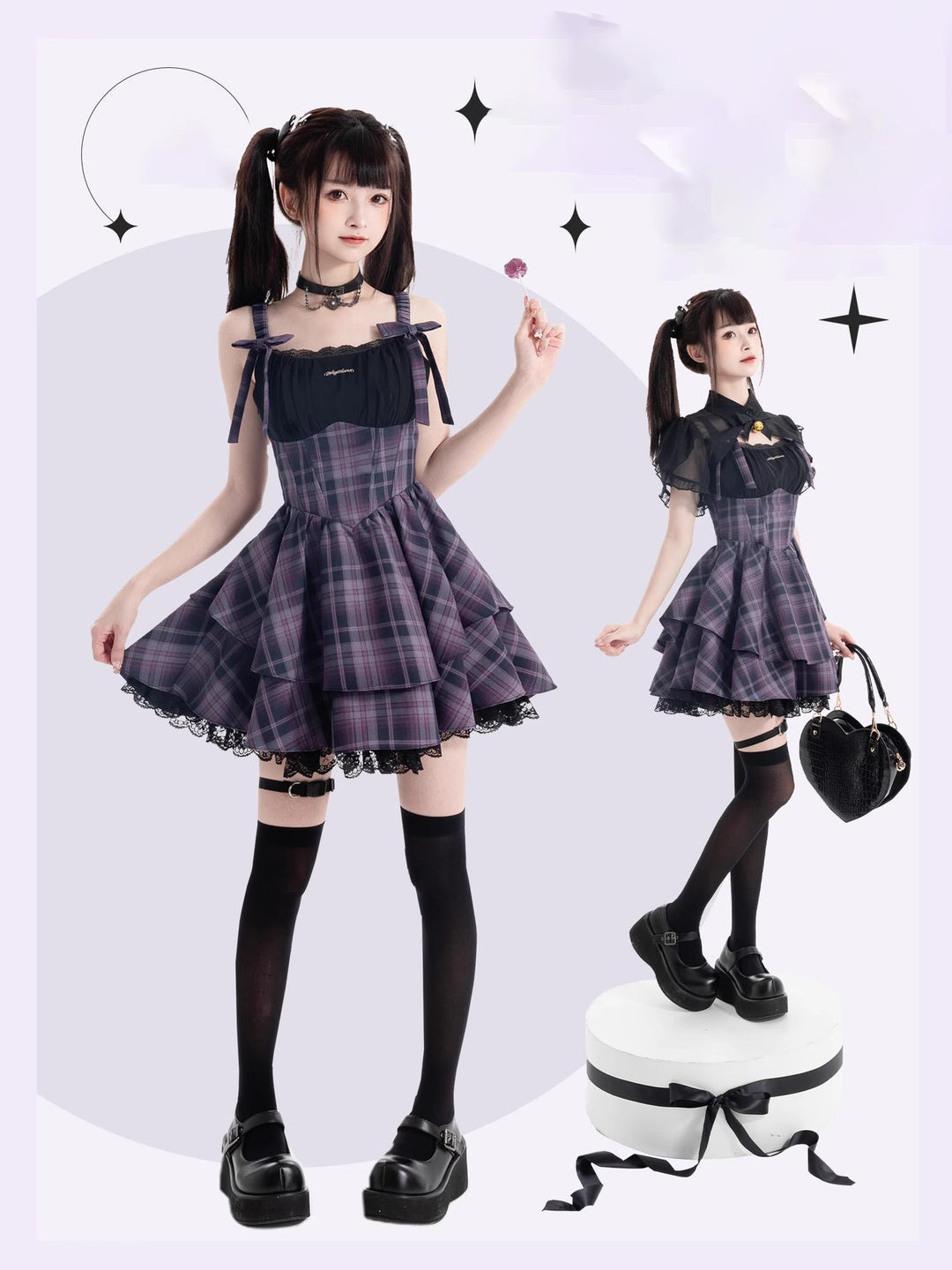 Kawaii Purple Plaid Onepiece Dress Black Bolero 22508:323492 22508:323492