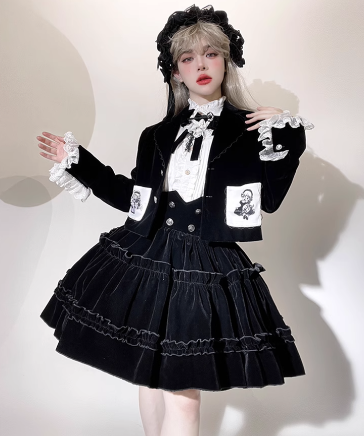 Ouji Lolita Prince Outfit Set Black Skirt Velvet Shorts Set 39368:632060