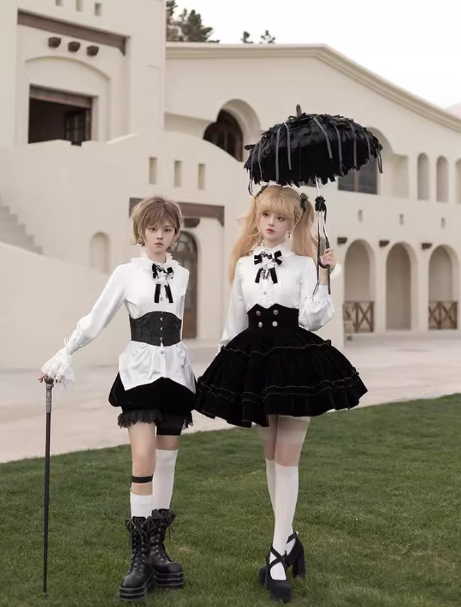 Ouji Lolita Prince Outfit Set Black Skirt Velvet Shorts Set 39368:631992