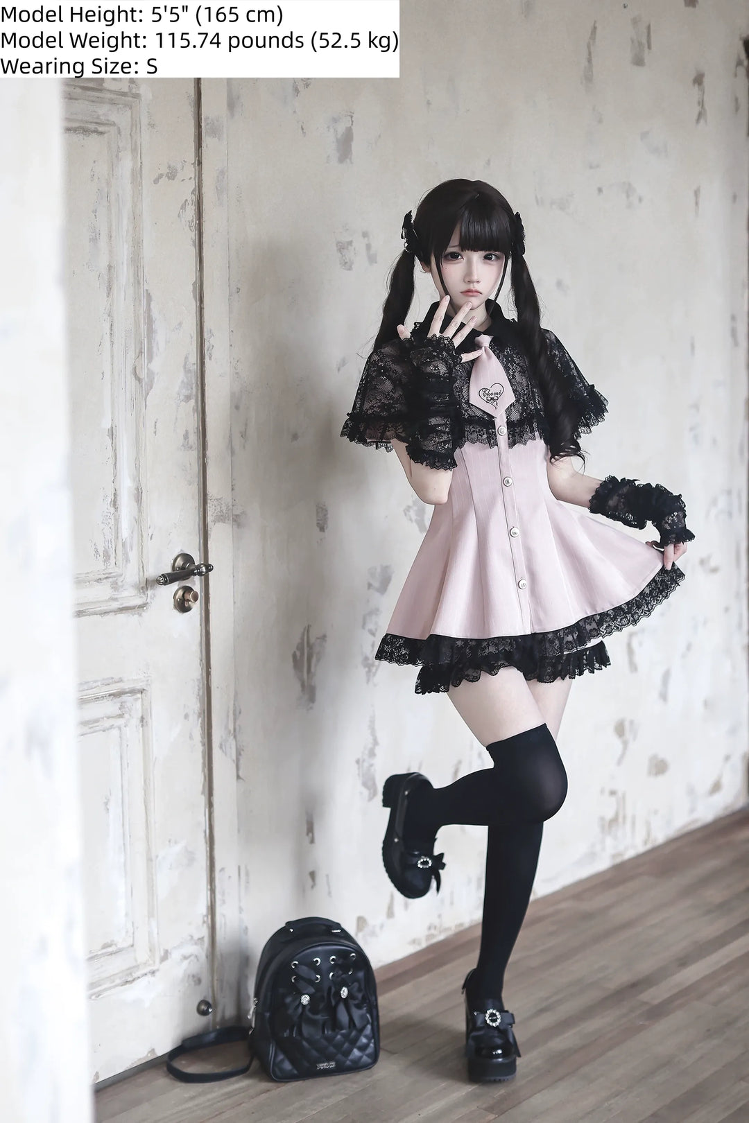 Pink Ryousangata Striped Dress, Lace Neckline and Hem 45453:854929