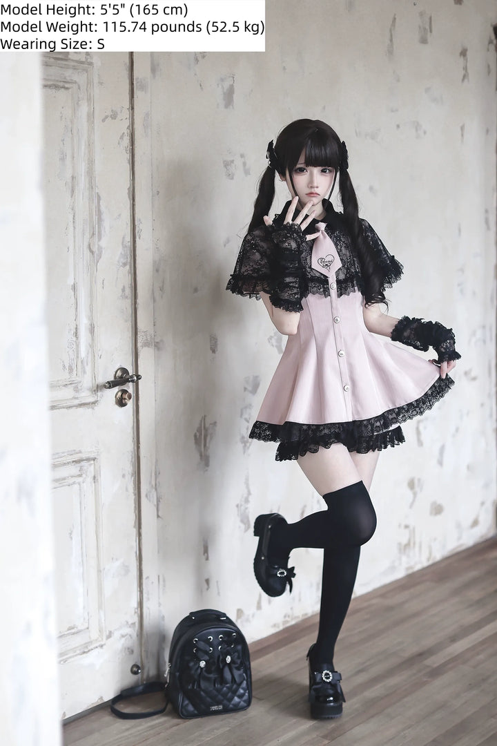 Pink Ryousangata Striped Dress, Lace Neckline and Hem 45453:854929