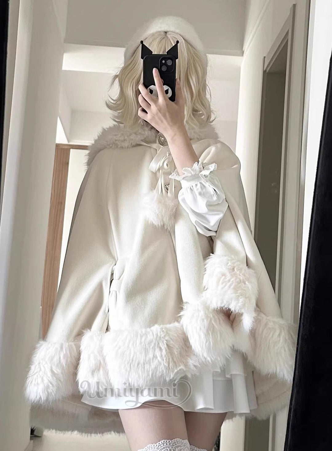 Jirai Kei Coat Bunny Ears Plush Collar Winter Hooded Cape 41894:719782