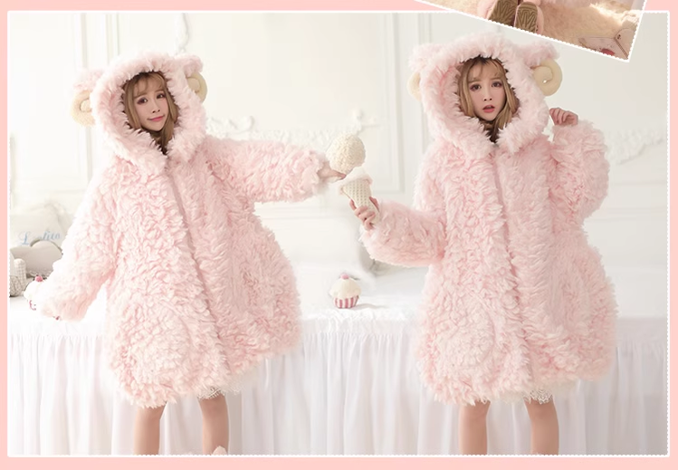 Kawaii Winter Coat Sheep Horn Hooded Coat Plush Coat 41060:685436