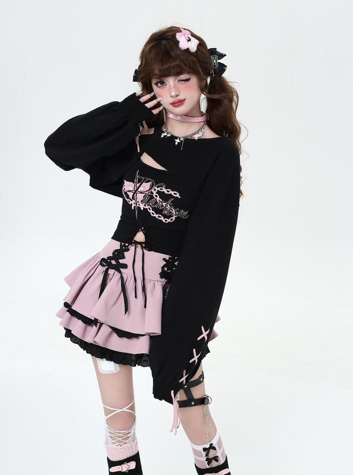 Gyaru Fashion Sweater Sexy Long-Sleeve Knitted Two-Piece Set 41788:719386