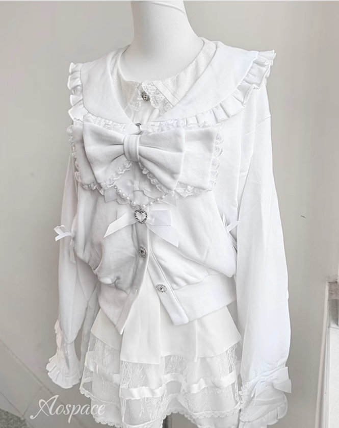 Jirai Kei Jacket Sailor Collar Coat With Lace Bow and Peal Chain 42148:730698