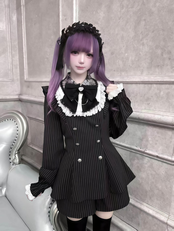 Black Striped Jirai Kei Set Up, Waist-cinching Dress 44921:828348