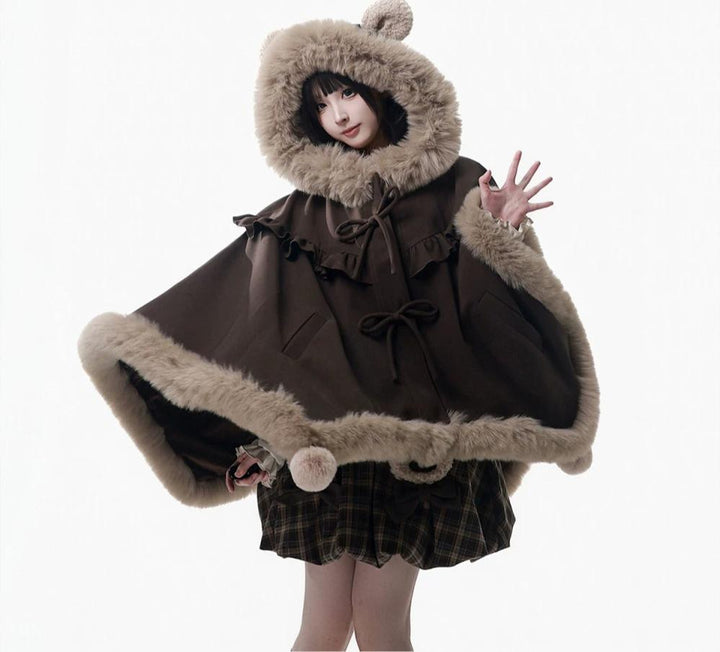 Winter Plaid Suspender Bubble Skirt, Bear Ear Plush Cape 45991:872187