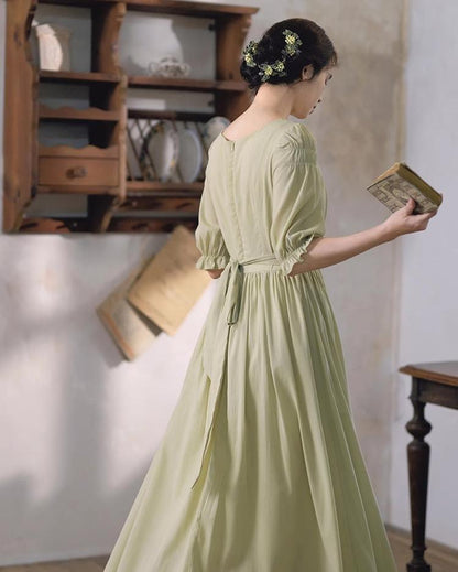 Mori Kei Dress Elegant Dress Matcha Green Lace Trim Dress 36344:547244