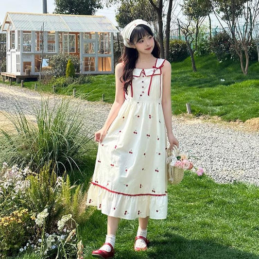 Cottagecore Dress Sweet Cherry Embroidered Strap Dress 36134:516532