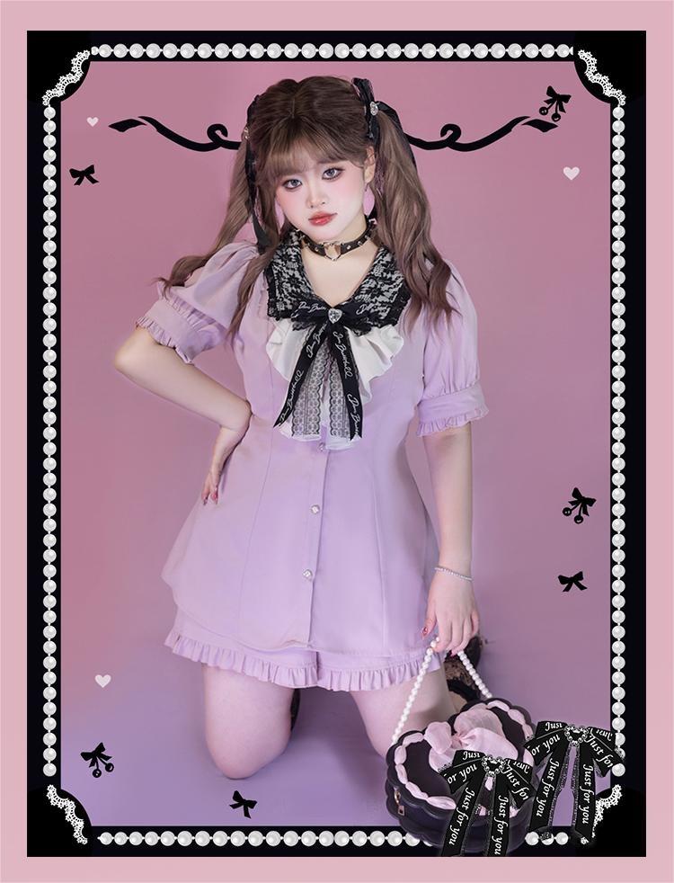 Plus Size Jirai Kei Blouse Short Sets Pink Black Full Set 21886:317350