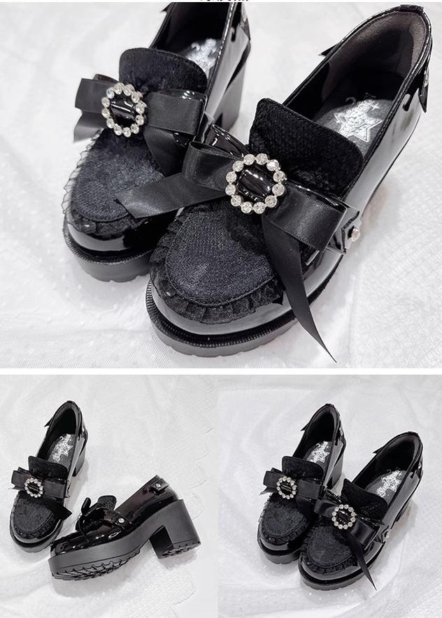 Jirai Kei Shoes Ryousangata Platform Shoes With Ribbon Rhinestone 41558:703866