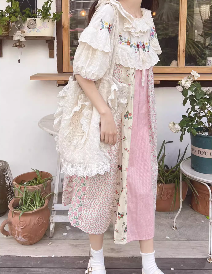 Mori Kei Cottagecore Dress Floral Dress Lantern Sleeves Dress 36216:524402