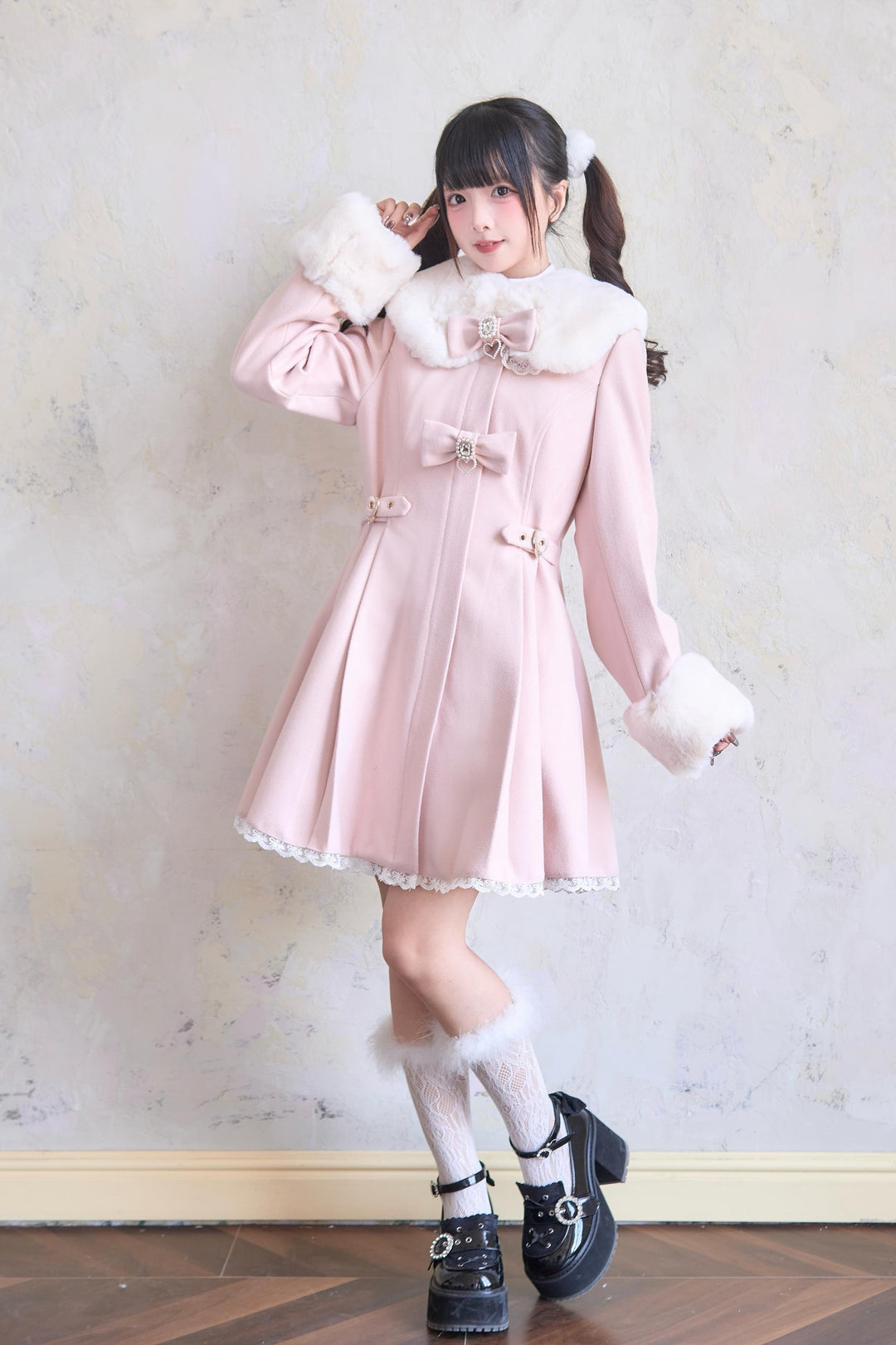 Jirai Kei Winter Coat Fur Collar Lace Coat With Bows 41410:698408