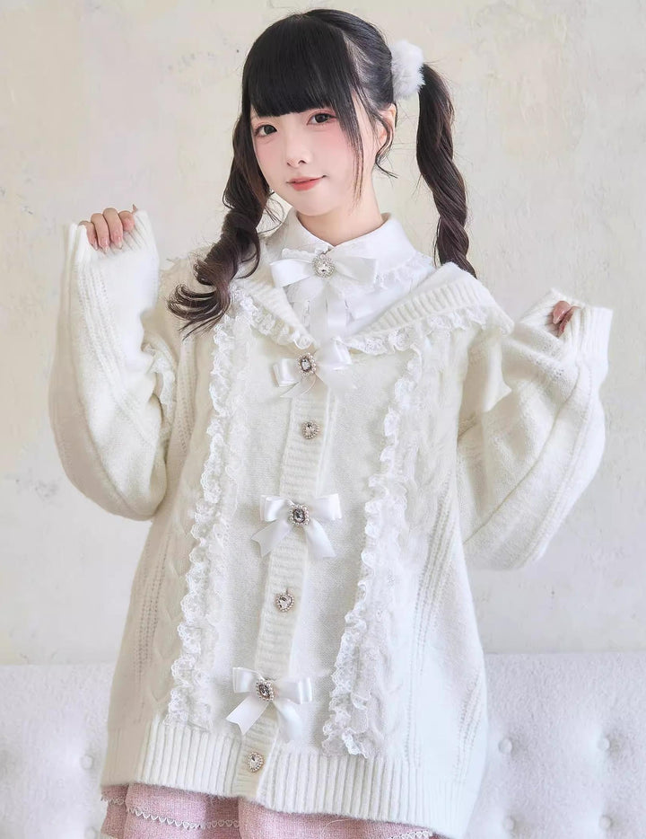 Jirai Kei Sweater Lace Sailor Collar Cardigan With Bows 41682:711792