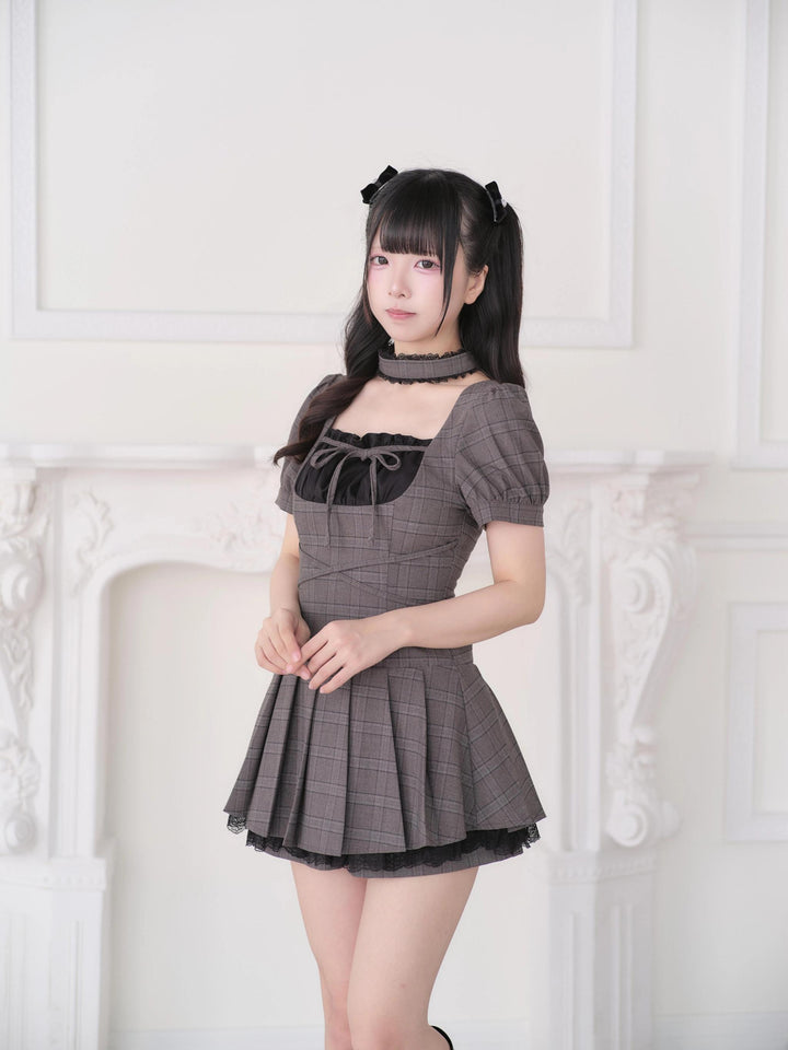 Jirai Kei Plaid Square Neckline Dress, Pleated Hem 45802:863792