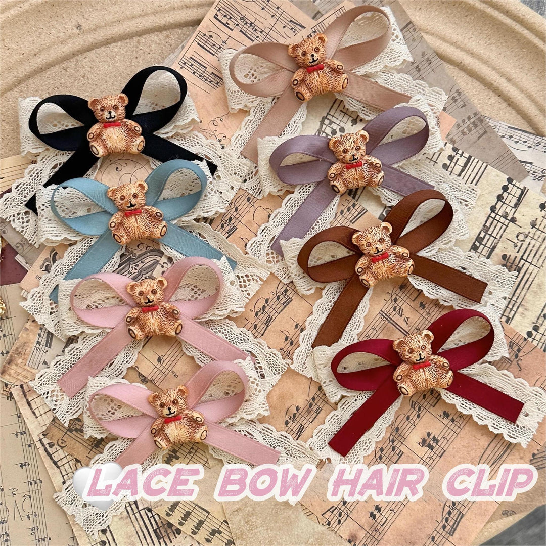 Lolita Hair Clips Bear Lace Bow Hair Clips Multicolor 32180:467302 32180:467302