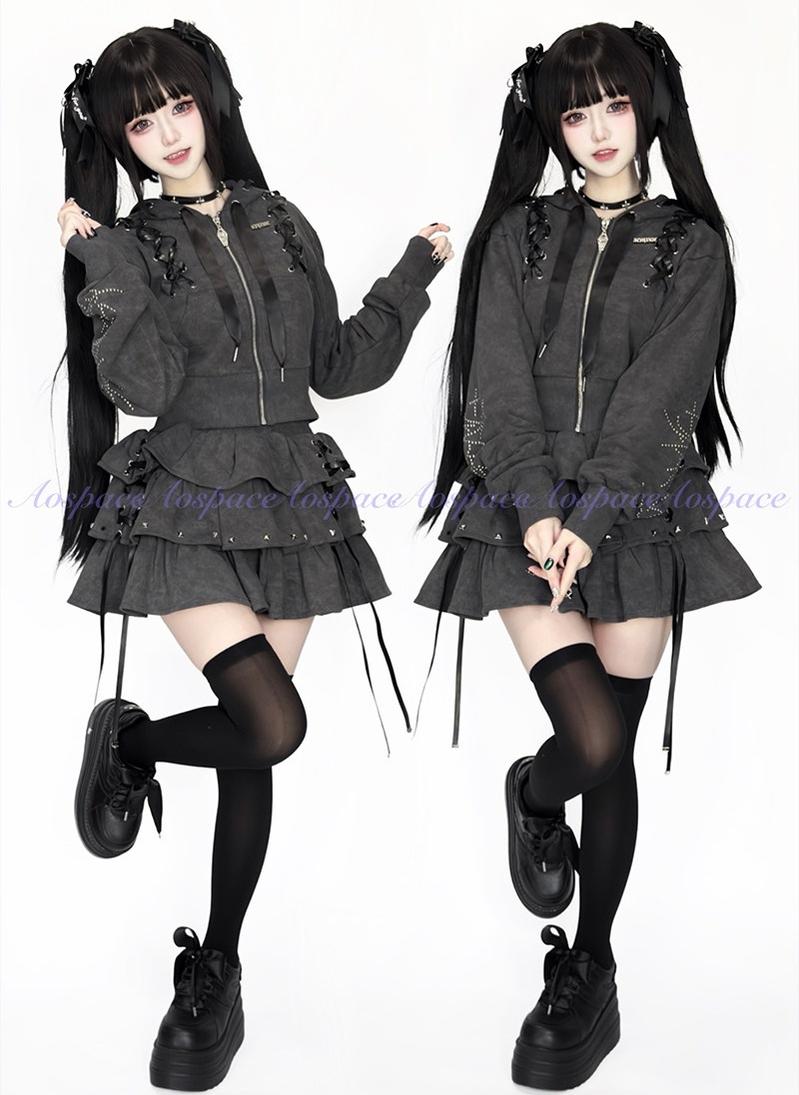 Subculture Skirt Outfit, Short Zipper Closure Hoodie 44484:816749