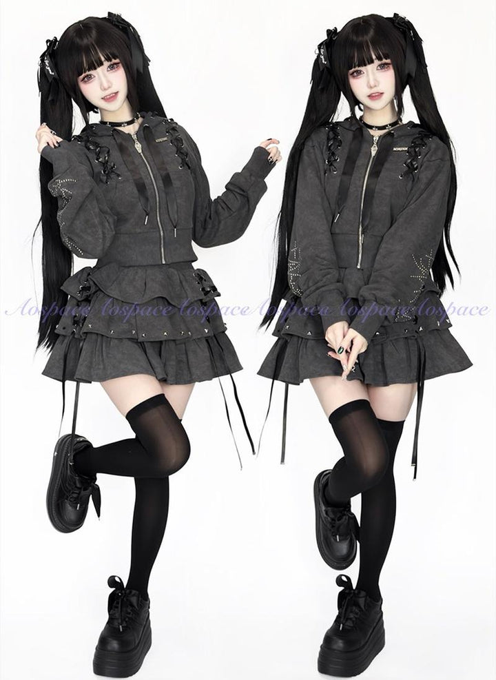 Subculture Skirt Outfit, Short Zipper Closure Hoodie 44484:816749