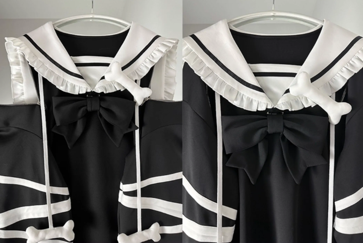 Jirai Kei Black White Dress Oversized Sailor Collar Dress 32016:383808 32016:383808