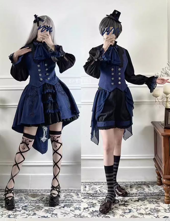 Ouji Lolita Prince Outfit Navy Blue Lolita Blouse Skirt Set 39360:633288