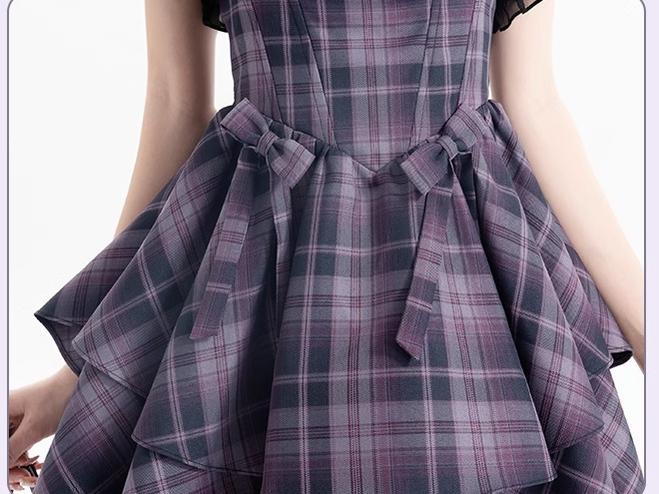 Gyaru Purple Plaid Dress With Lace Trim And Black Bolero 22508:323480