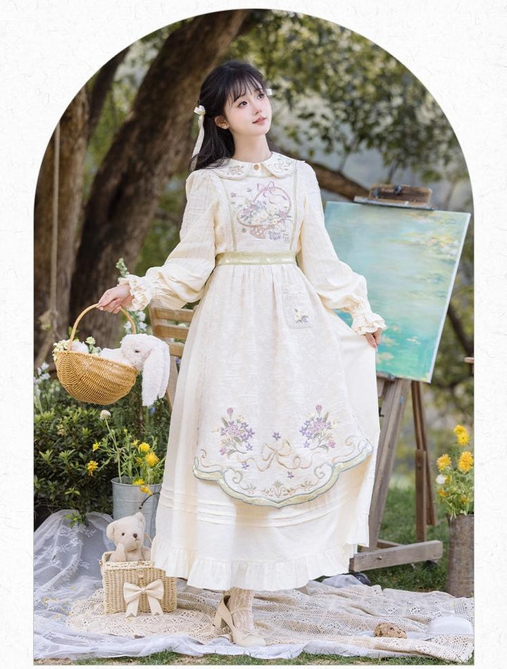 Cottagecore Dress Mori Kei Dress Set Embroidered Cotton Set 36238:527630 36238:527630