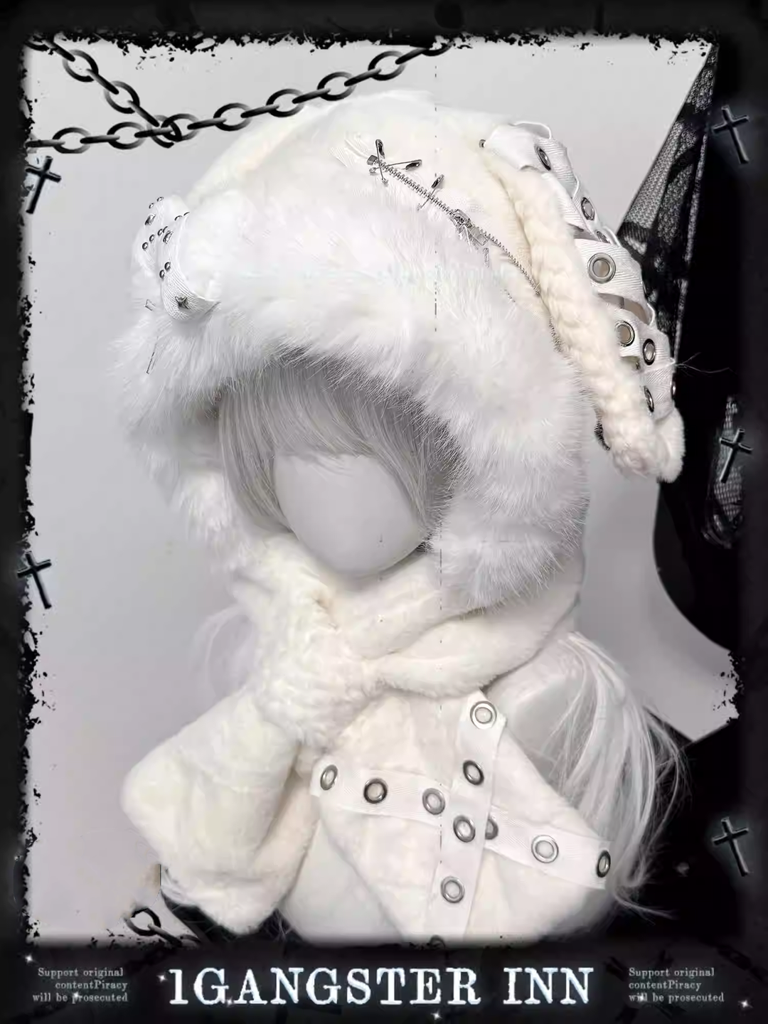 Punk Hat Y2K Plush Hat White Bunny Ear Hat 41874:723000