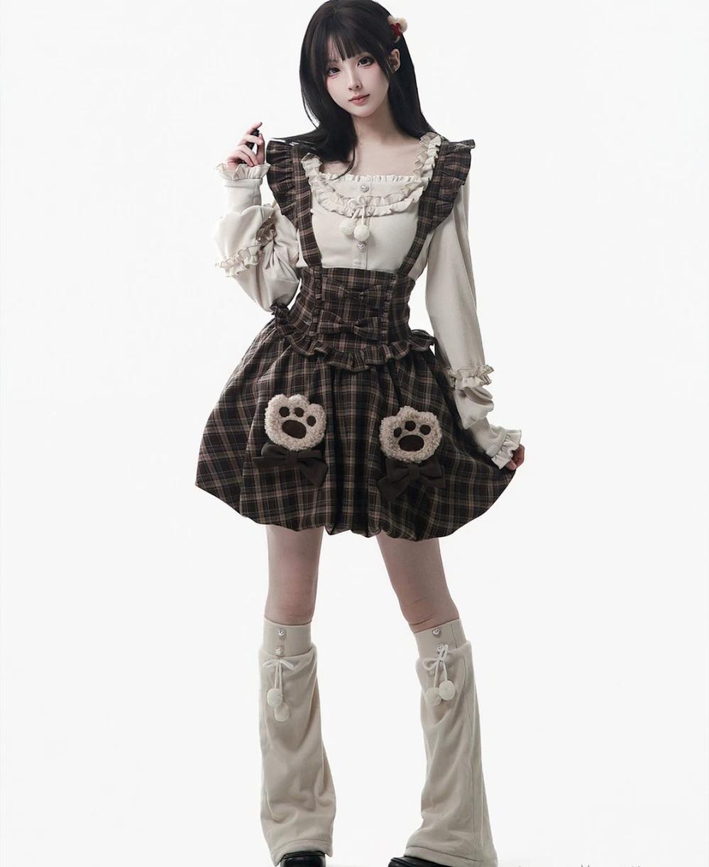 Winter Plaid Suspender Bubble Skirt, Bear Ear Plush Cape 45991:872203