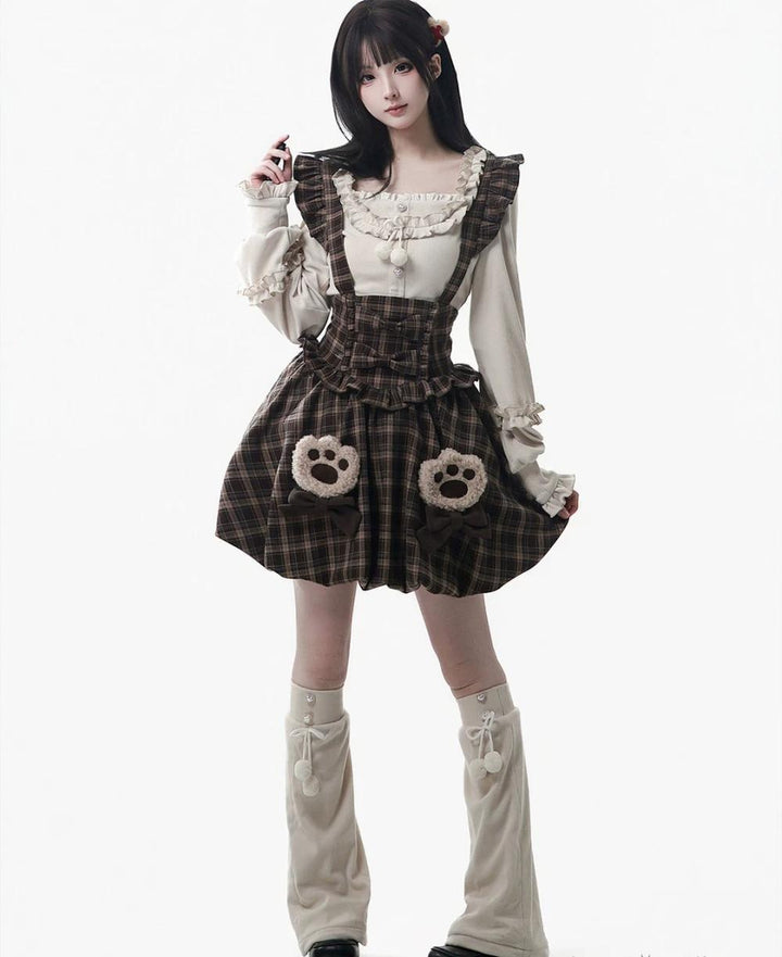 Winter Plaid Suspender Bubble Skirt, Bear Ear Plush Cape 45991:872203