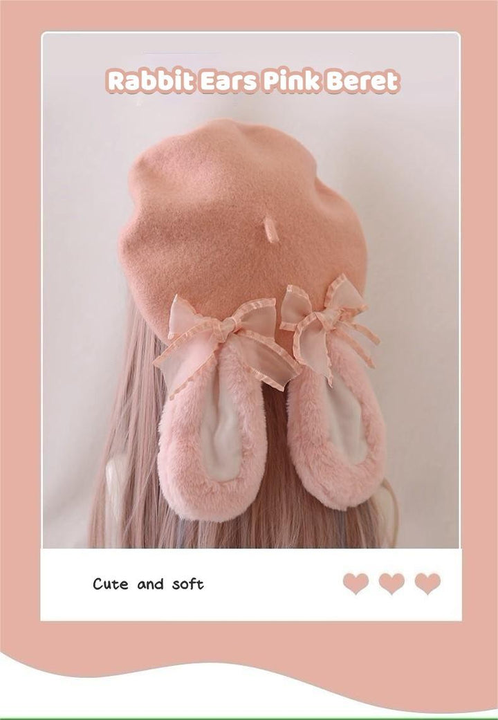 Jirai Kei Pink Hat Plush Rabbit Ear Bow Wool Beret 33804:447144 33804:447144