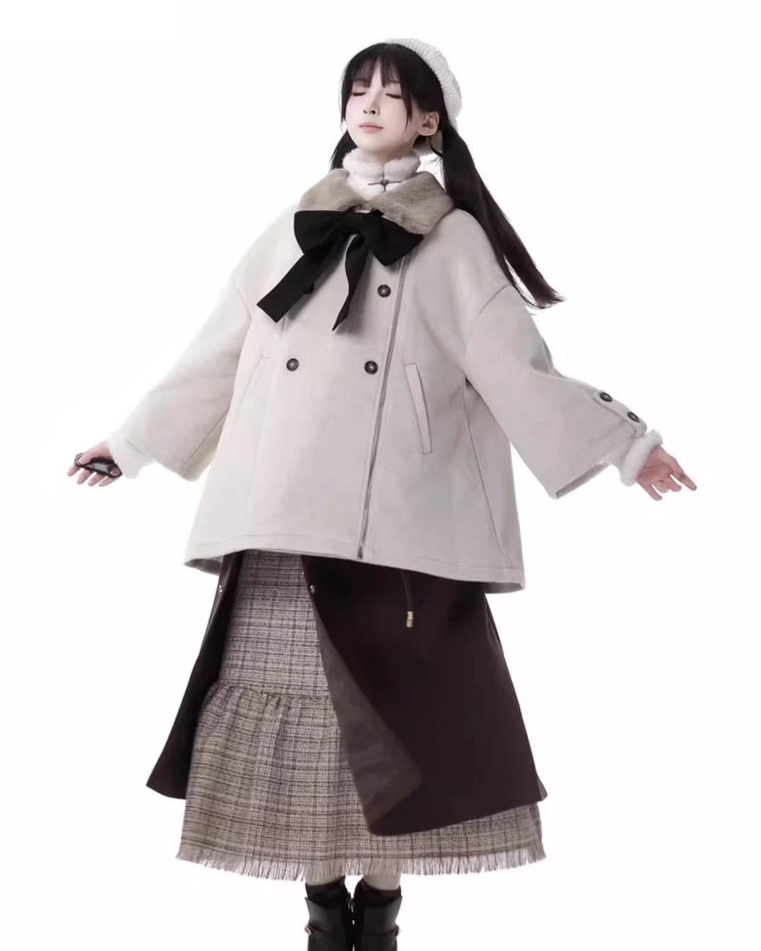 Princess Core Outfit Bow Cape Coat And Tassel Trim Skirt 41114:694976