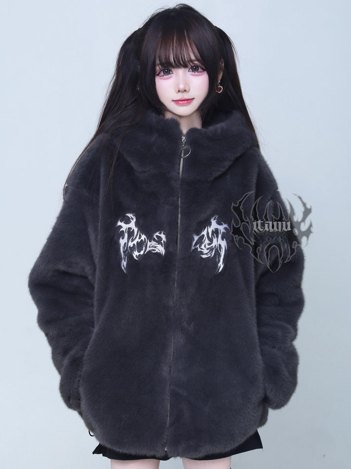 Gothic Gray Faux Fur Coat, Oversized 44519:812196