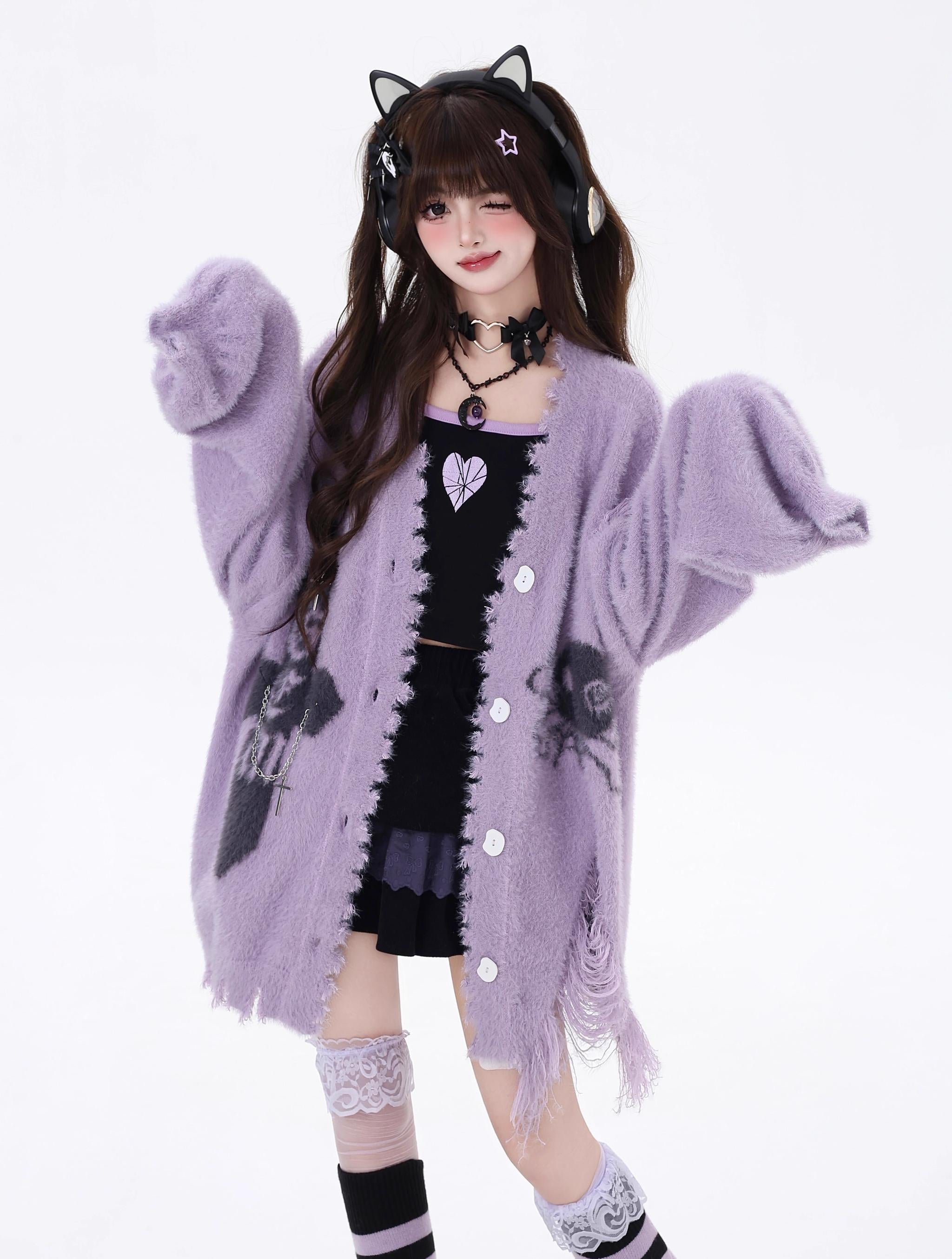 Jirai Kei Sweater Irregular Hem Cardigan With Striped Scarf