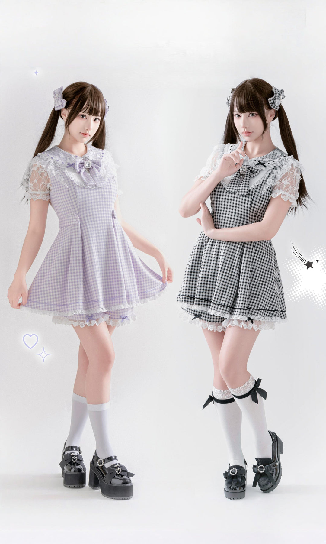 Jirai Kei Plaid Dress Set, Rhinestone Collar Bow 45008:837567