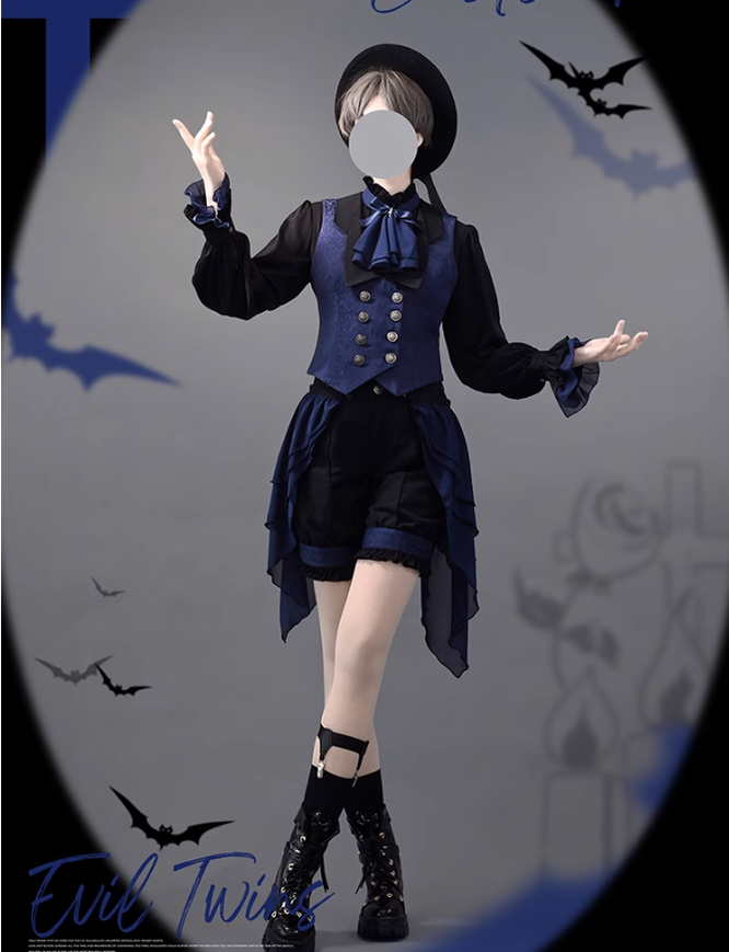 Ouji Lolita Prince Outfit Navy Blue Lolita Blouse Skirt Set 39360:633294