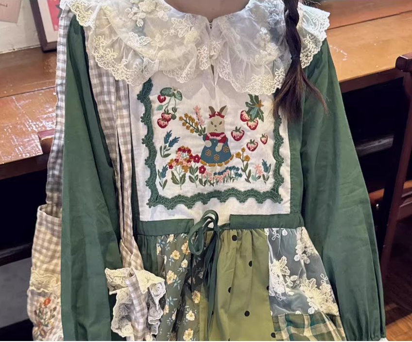 Cottagecore Dress Mori Kei Dress Green Floral Patchwork Dress 36226:525200